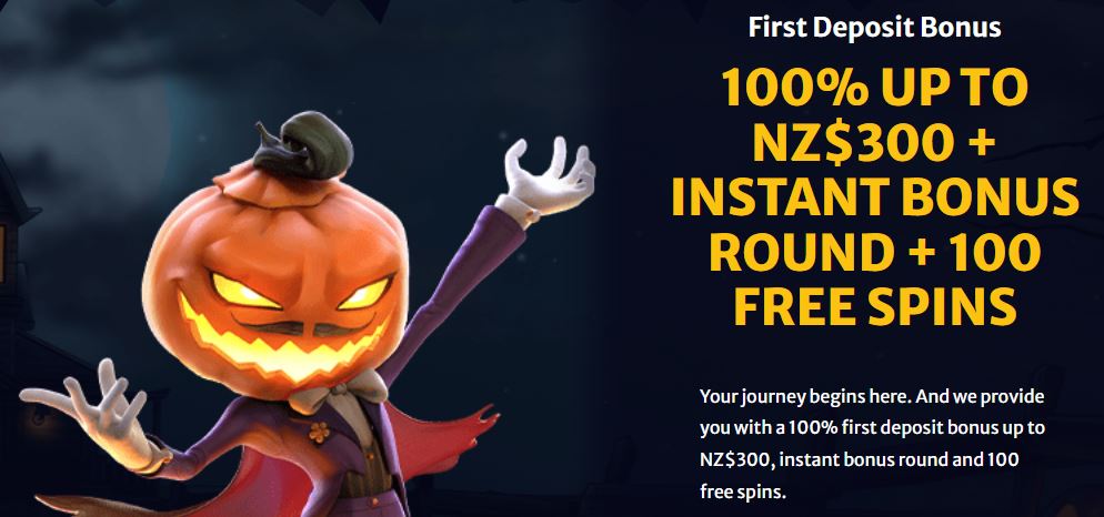 Claim your first deposit bonus up to NZ$300 with instant bonus round and 100 free spins at HellSpin
