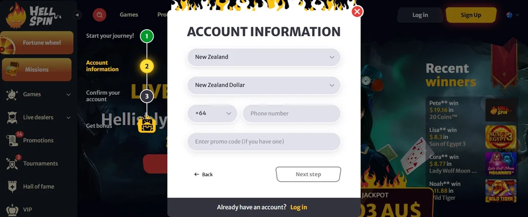 Fill account information form